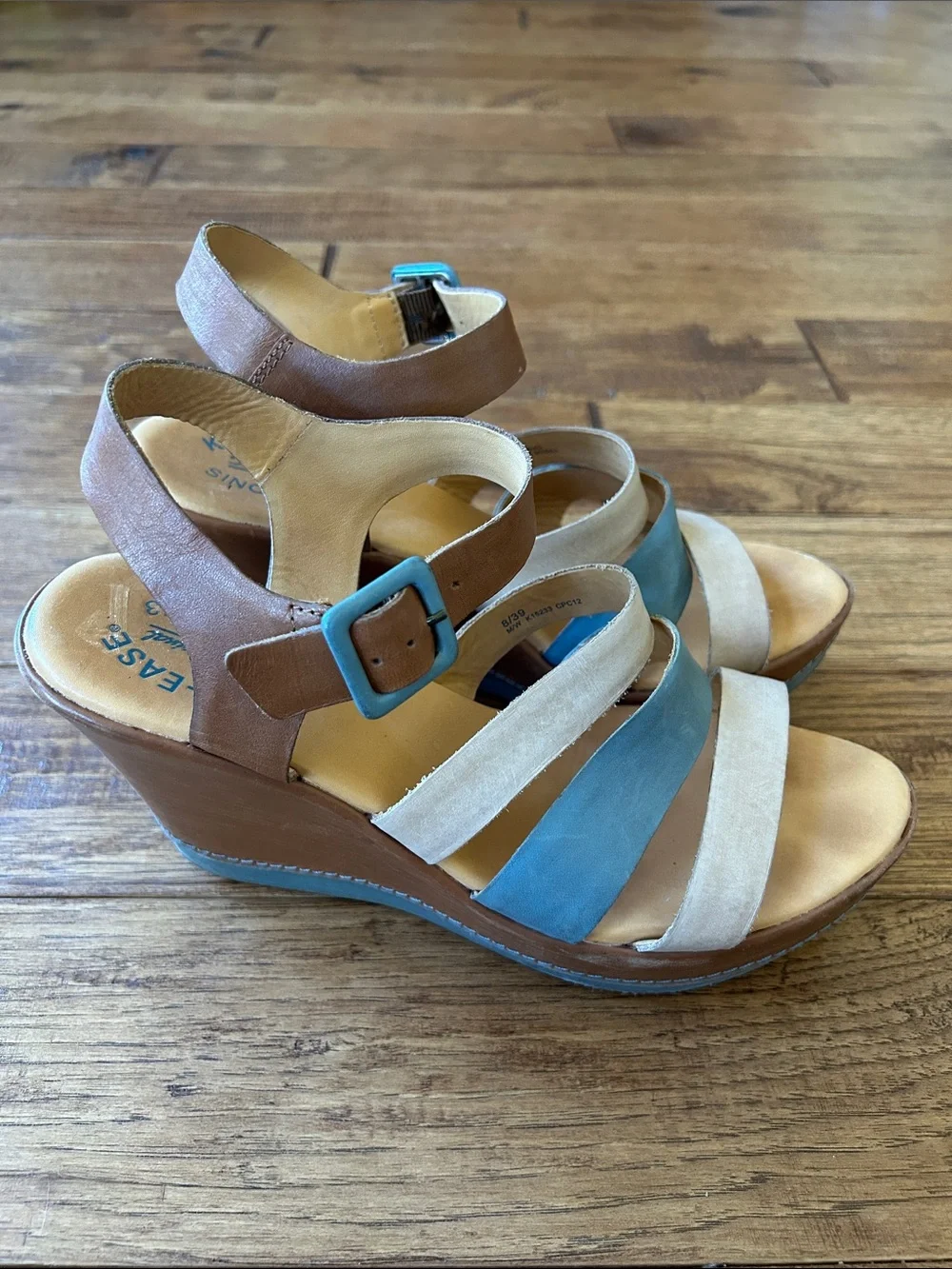 Kork-Ease Emily Strappy Wedge Heel Sandals Brown Blue Ivory Leather Size 8